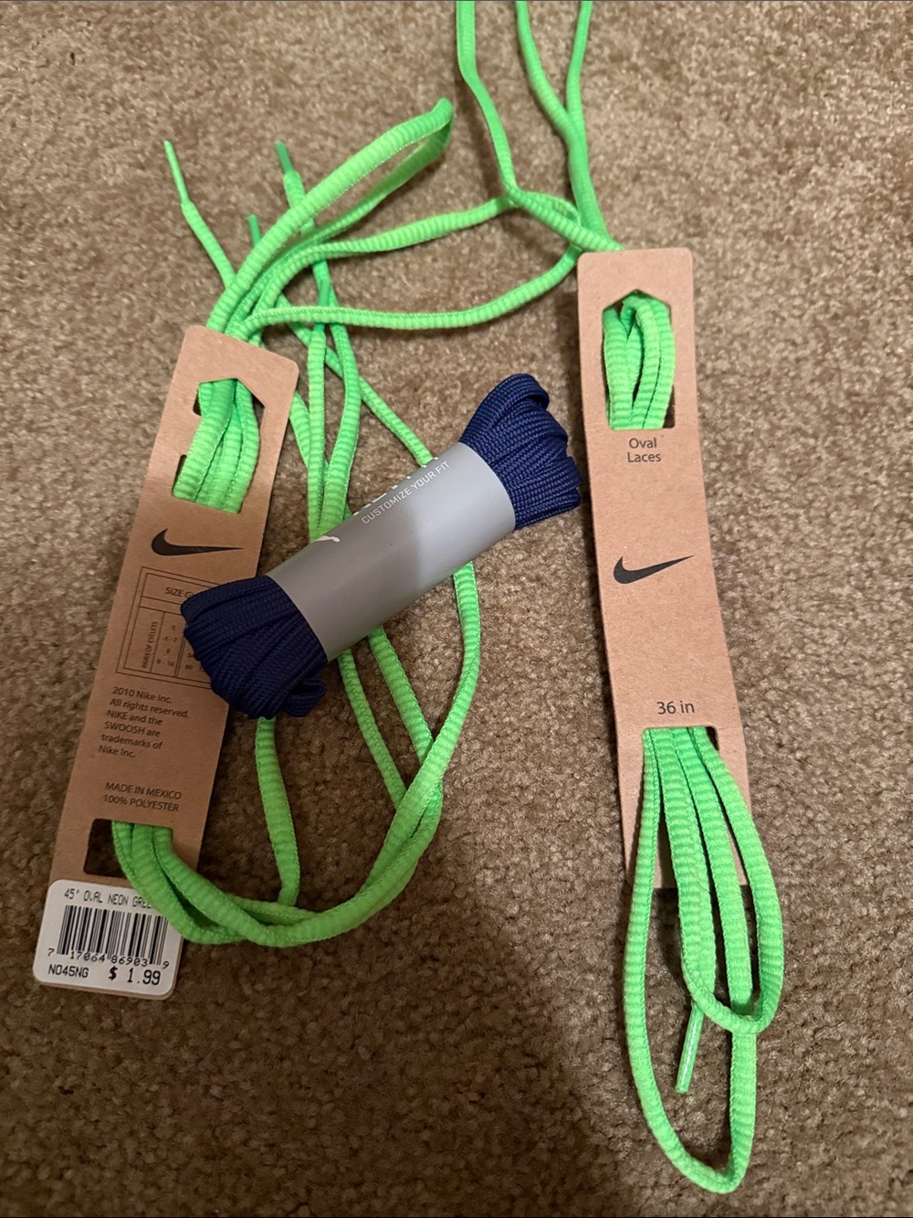 Nike Kids Neon Green and Navy Oval Shoelaces